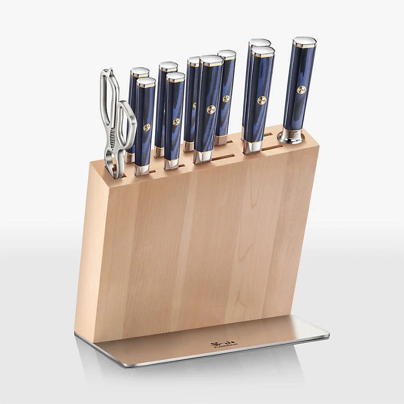 Cangshan Kita Blue 12-Piece Hua Knife Block Set with Maple Block