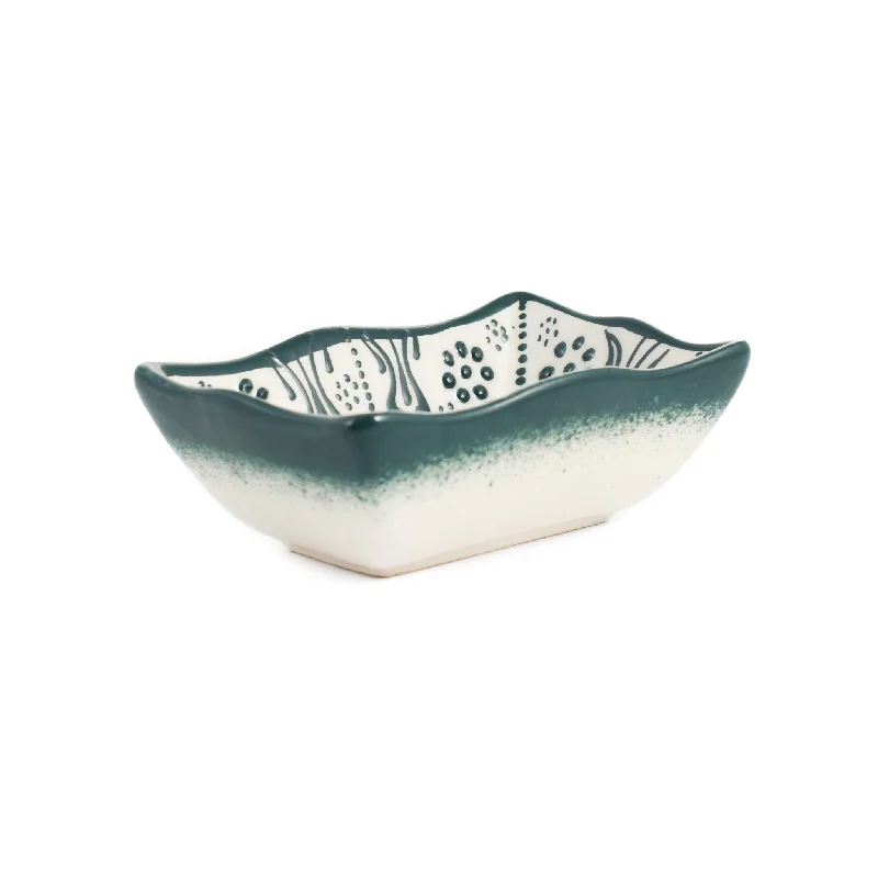 Yesil Ve Beyaz Boyali Wavy Edge Sauce Dish, 11.5cm