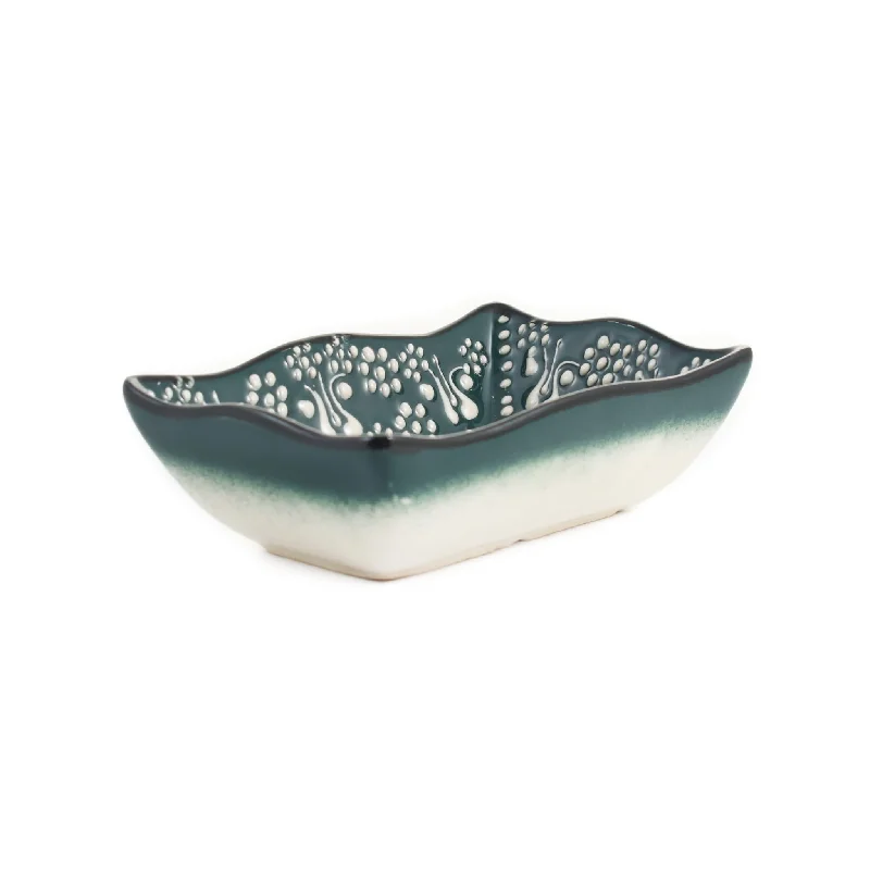 Yesil Ve Beyaz Boyali Wavy Edge Snack Dish, 13.5cm